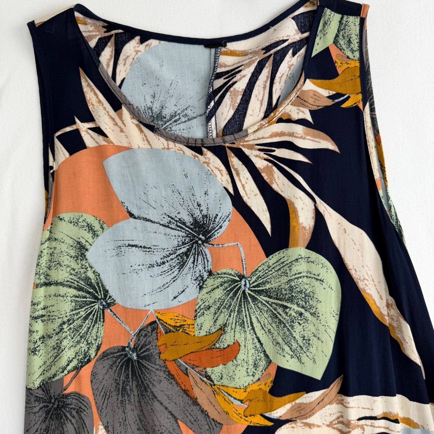 Tropical Leaf Print Sleeveless Maxi Shift Dress Medium Boho Naturecore Coastal