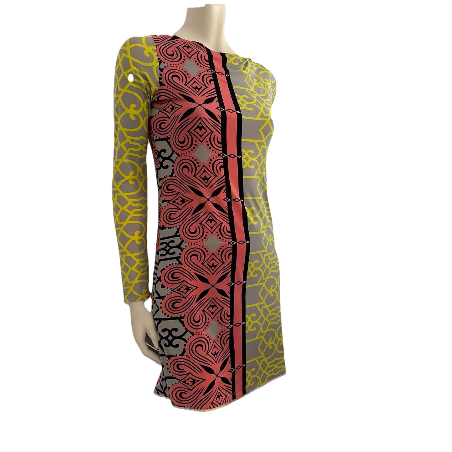 Analili Bodycon Dress -Geometric Mod Print - Long Sleeve Medium – Y2K Retro Bold