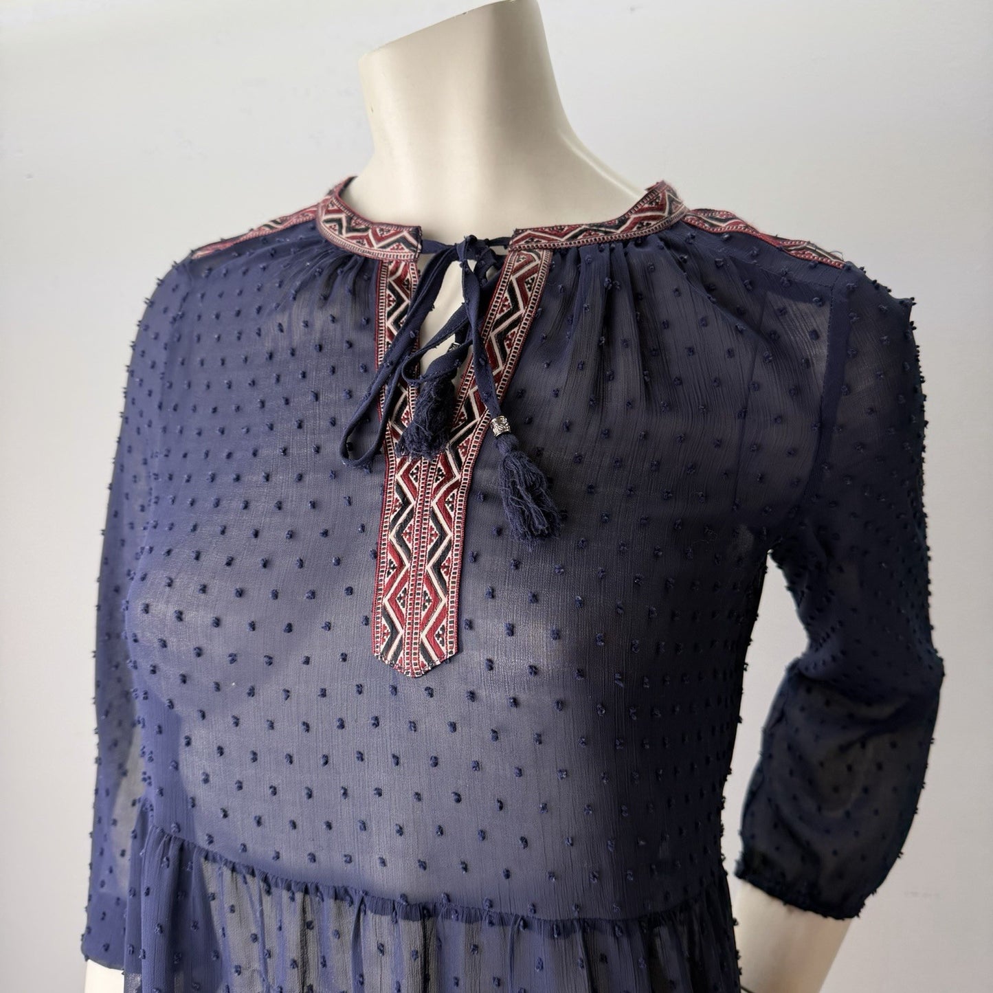 Daniel Rainn Navy Swiss Dot Tiered Dress Boho Embroidered XSmall Coquettecore
