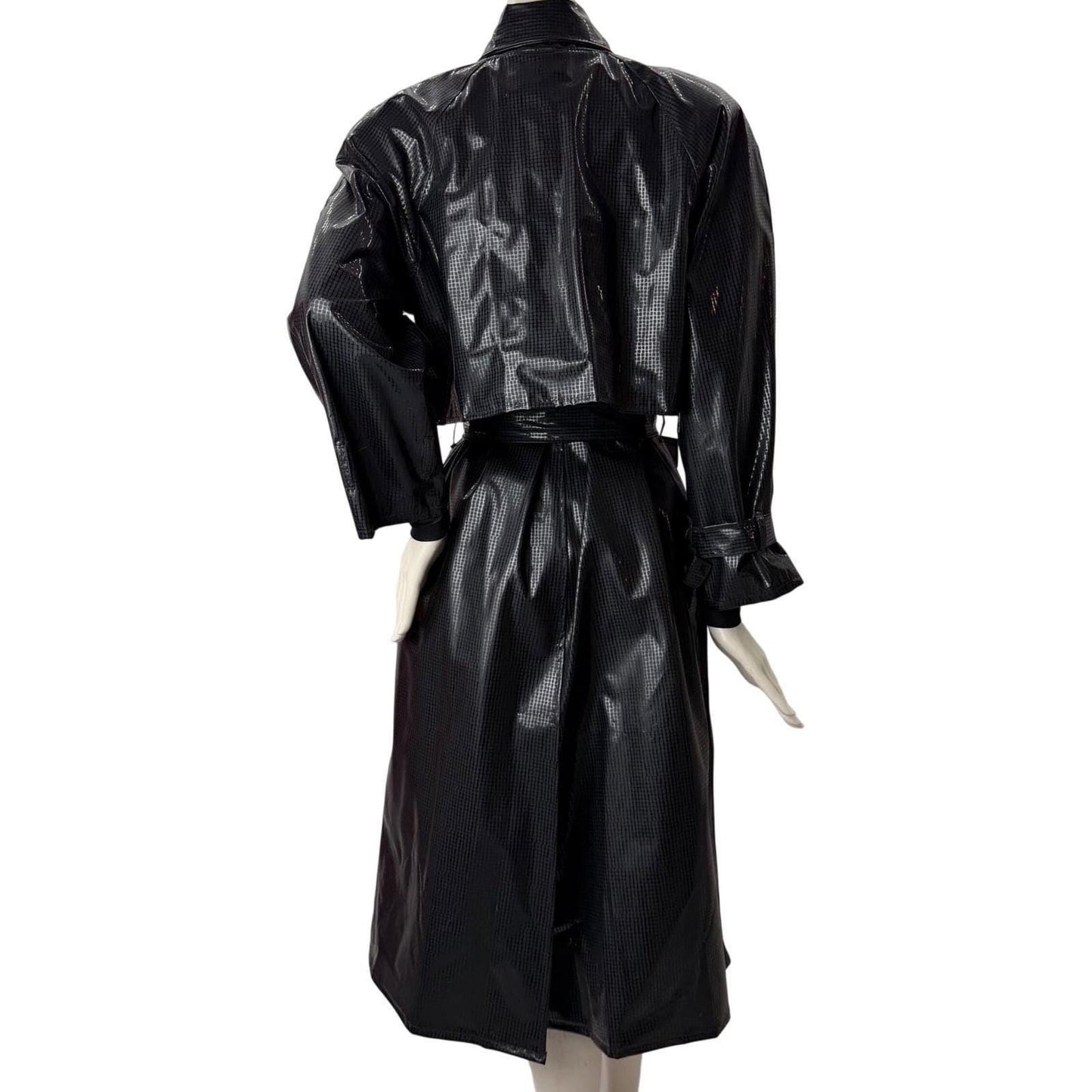 DJI Vintage Vinyl Trench Coat Black Glossy Grid Witchy Matrix Edgy M