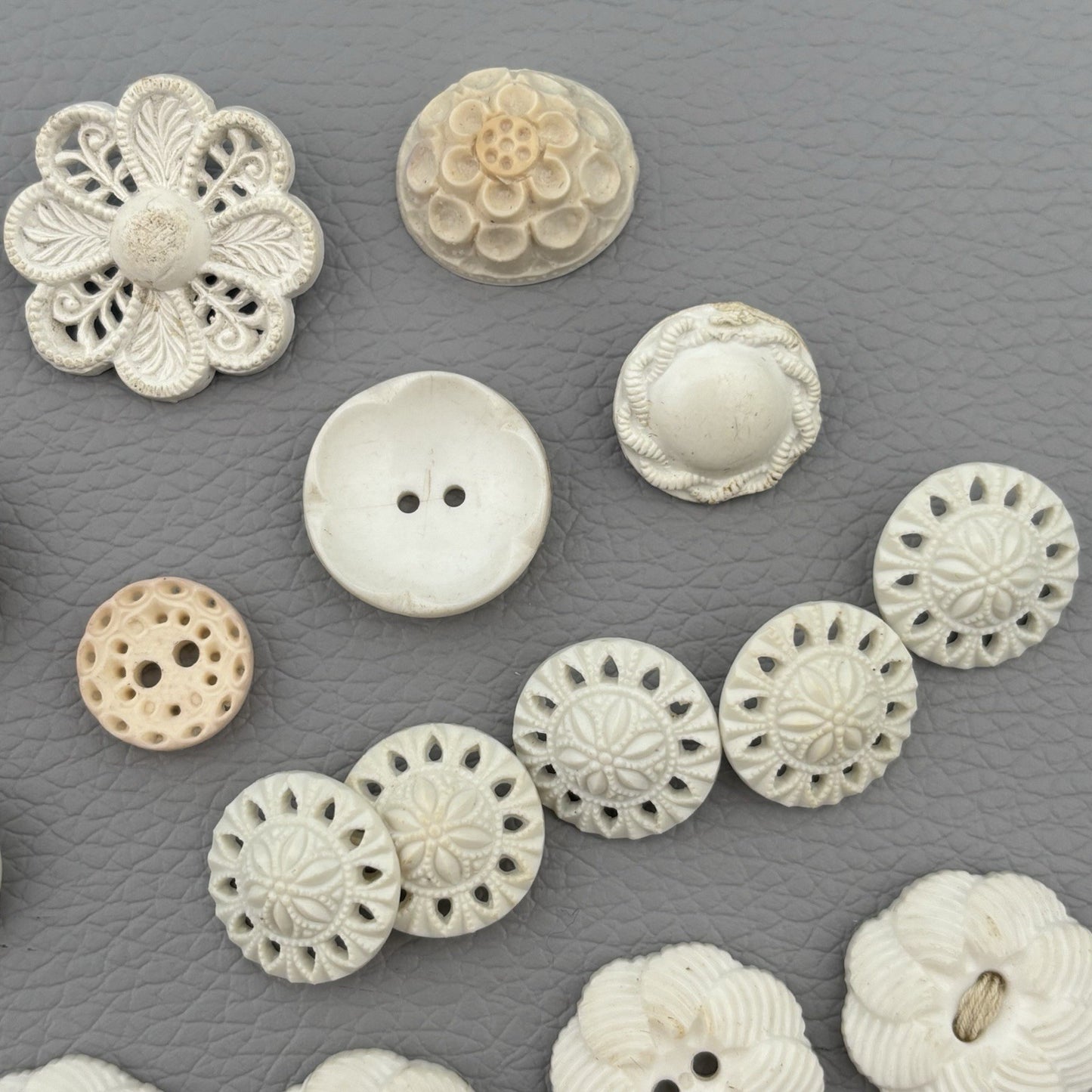 Vintage Carved Early Plastic Buttons – Antique White Floral & Pierced Mix 50 Lot