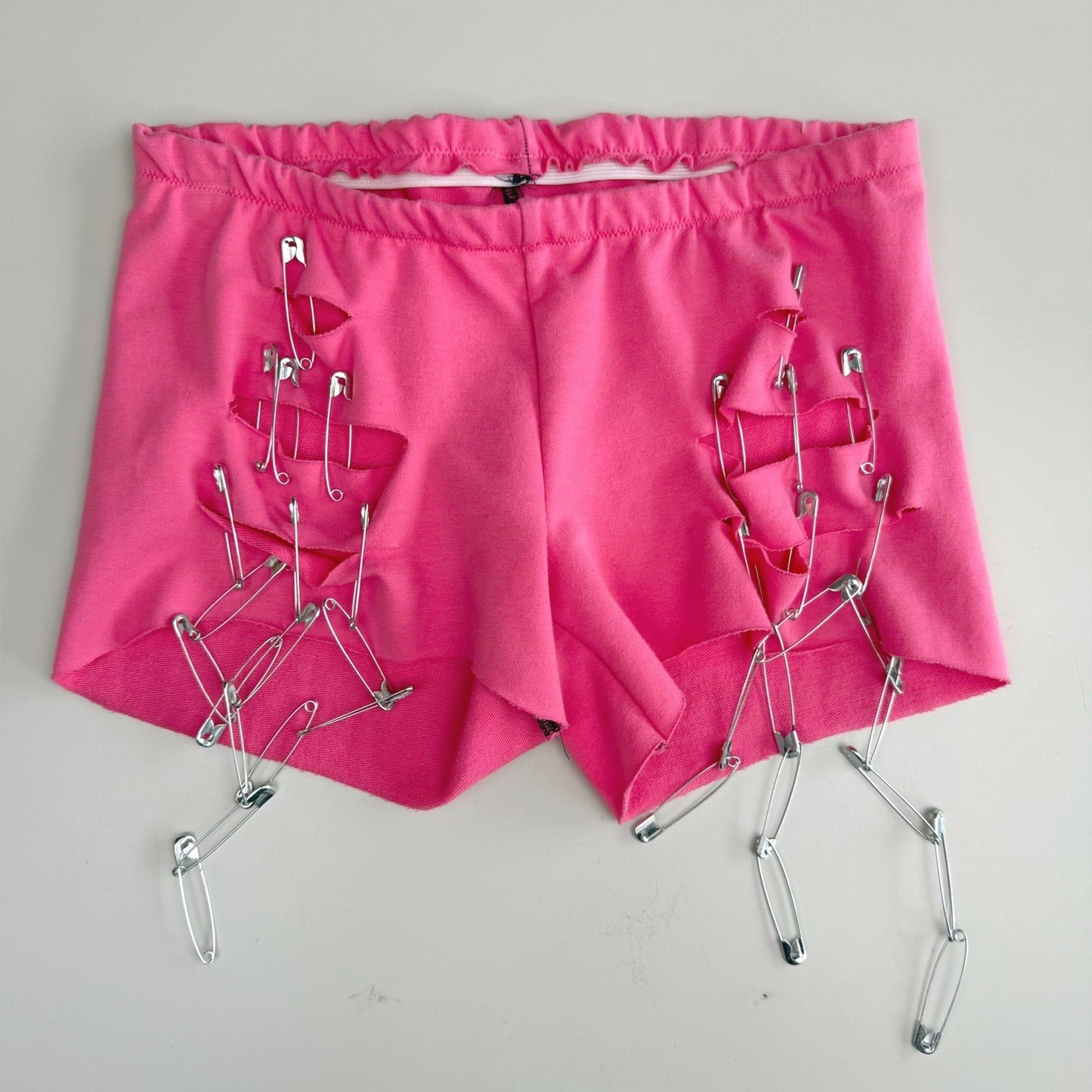 Simpłe NWT Pink Safety Pin Shorts + White CropTop Punk Festival Rave Neon Small