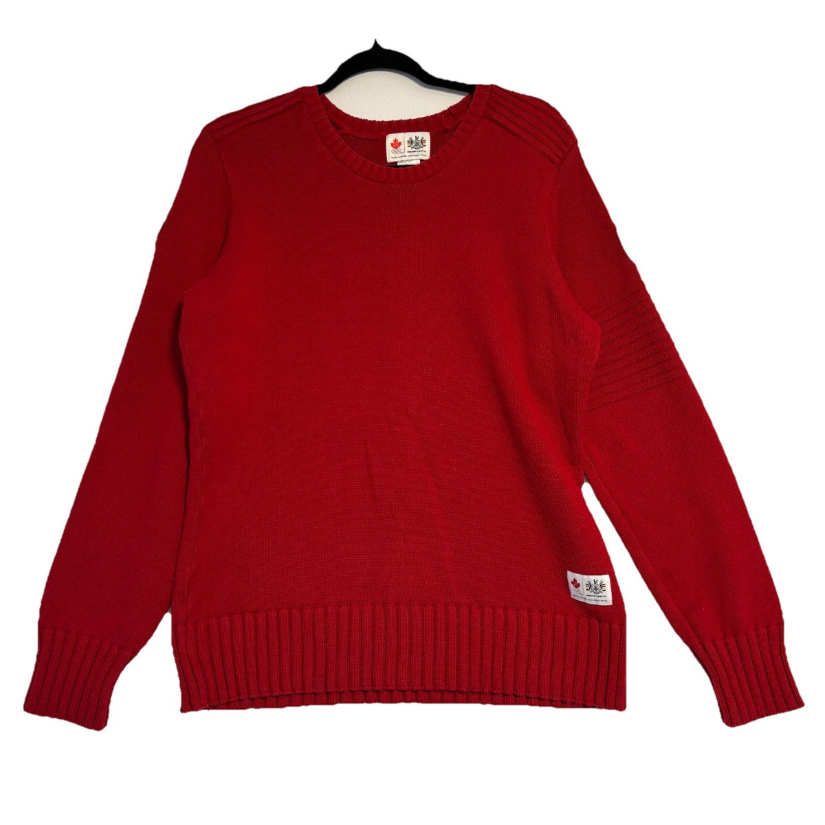 Hudson's Bay Team Canada Red Knit Sweater: Front view on hanger