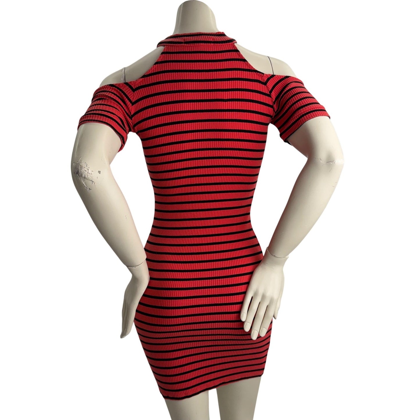 Derek Heart Striped Mini Dress Cold Shoulder Ribbed Bodycon Y2K Streetwear Edgy