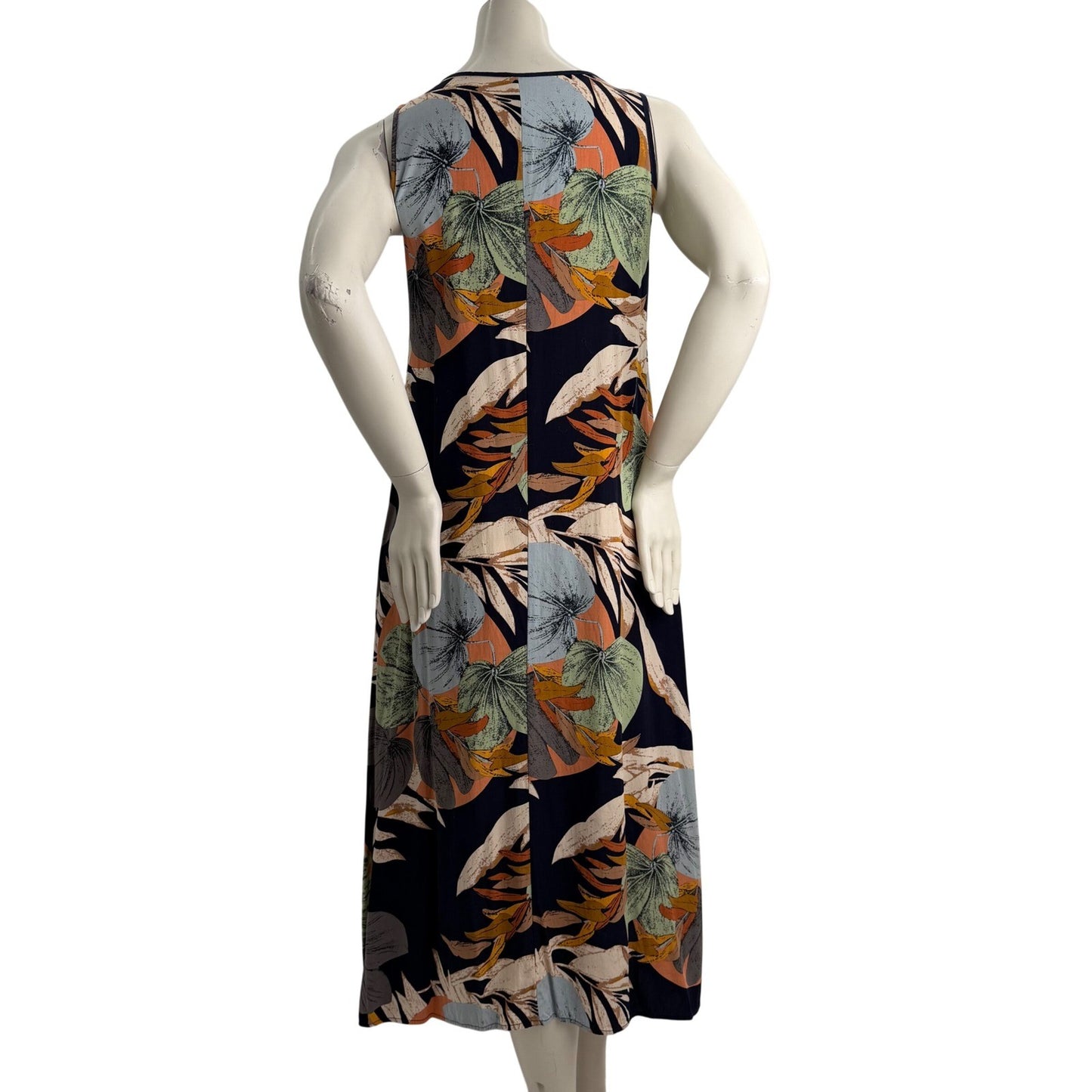 Tropical Leaf Print Sleeveless Maxi Shift Dress Medium Boho Naturecore Coastal