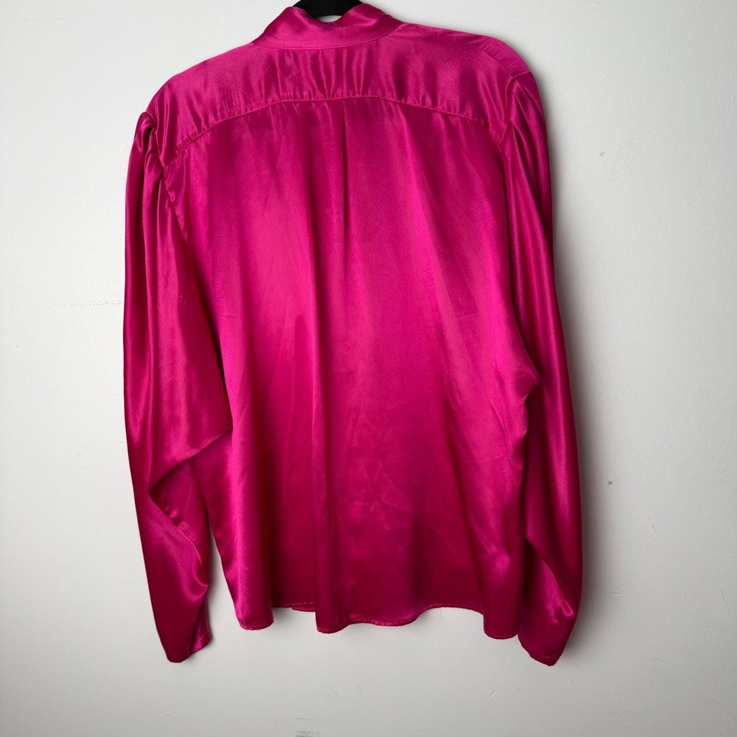 Vintage Esprit Fuchsia Pink Satin Pintuck Pleated Mandarin Collar Blouse 80s 90s