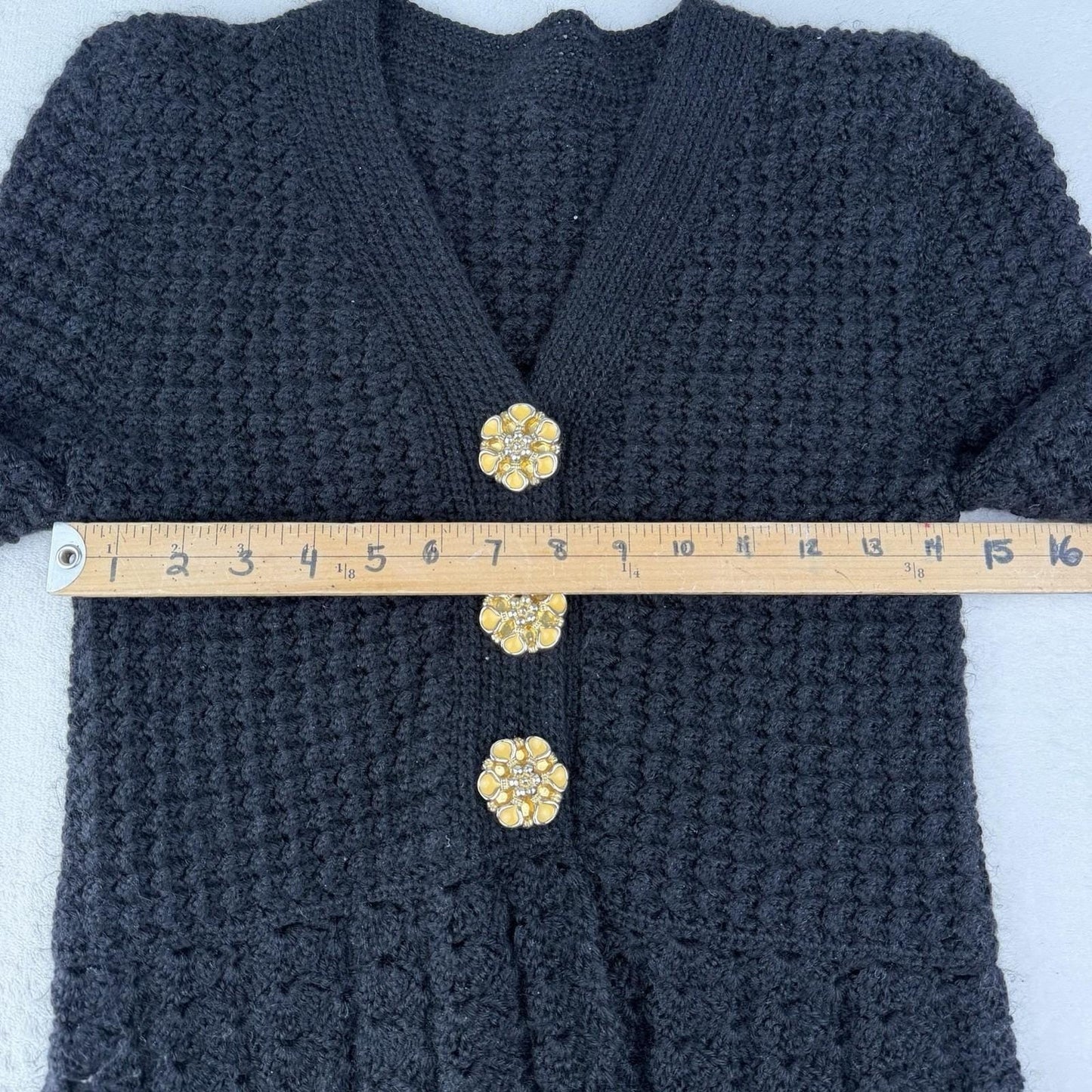 Vintage Black Fuzzy V-Neck Handmade Cardigan Peplum Yellow Flower Buttons Medium