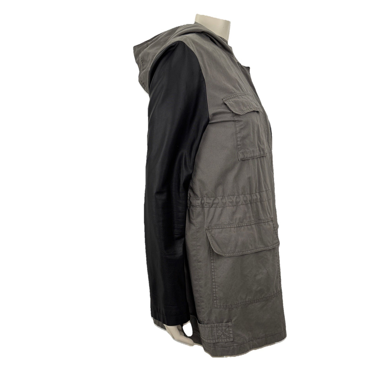DKNY Grey  And Black Cargo Coat Drawstring Waist Full Lined Zipper Hood Outdoors
