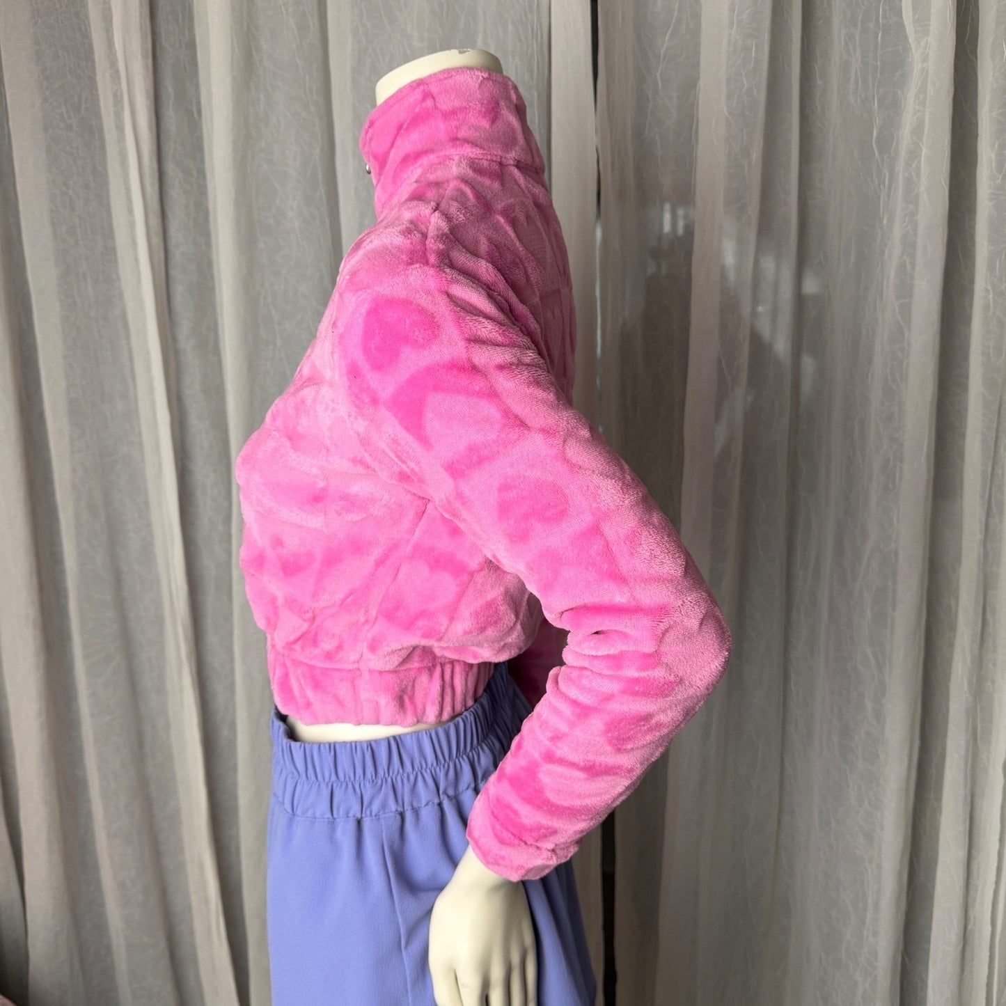 NOBO Pink Heart Pullover Plush Fleece Cropped Quarter Zip XS princesscore Y2K