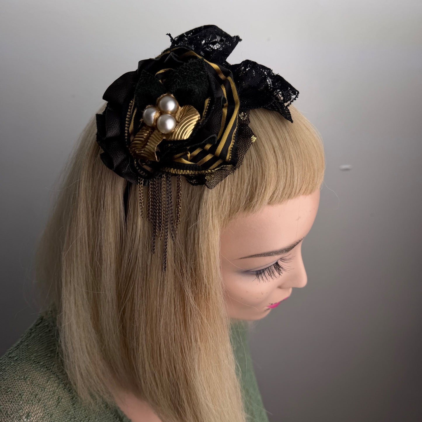 Handmade Floral Fascinator Headband Gold Chain Faux Pearl Gothic Victorian OS