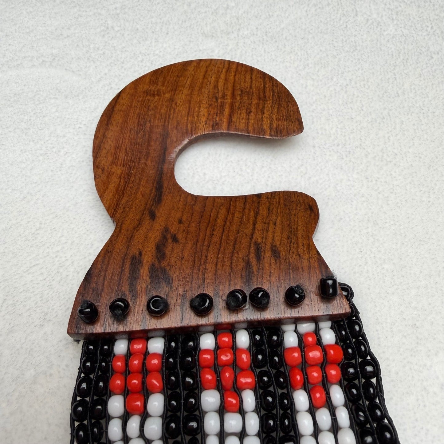 Vintage Beaded Belt Geometric Wood Hook Buckle Boho Southwestern Black OS