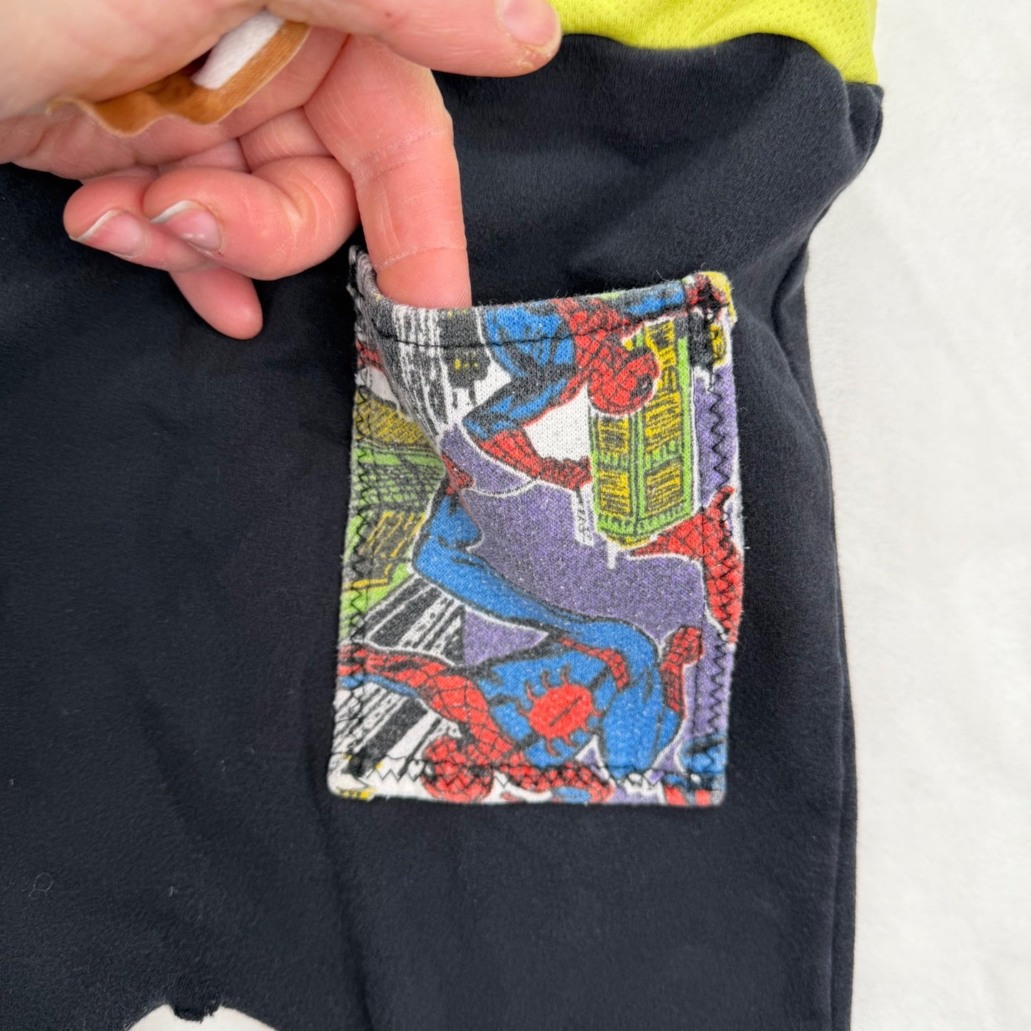 Handmade Kids Spiderman Upcycled Joggers Black Neon 24in Kidcore Patchwork