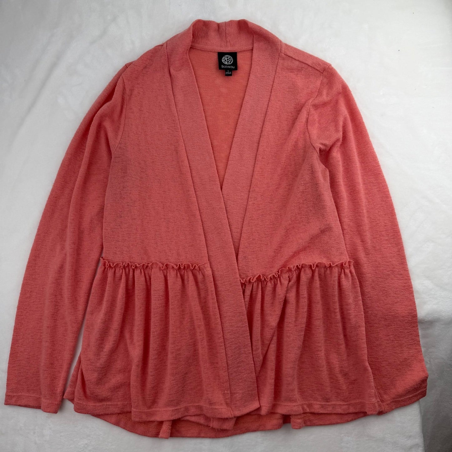 Bobeau Coral Pink Peplum Cardigan Ruffle Waist Shabby Chic Pastel Womens Large