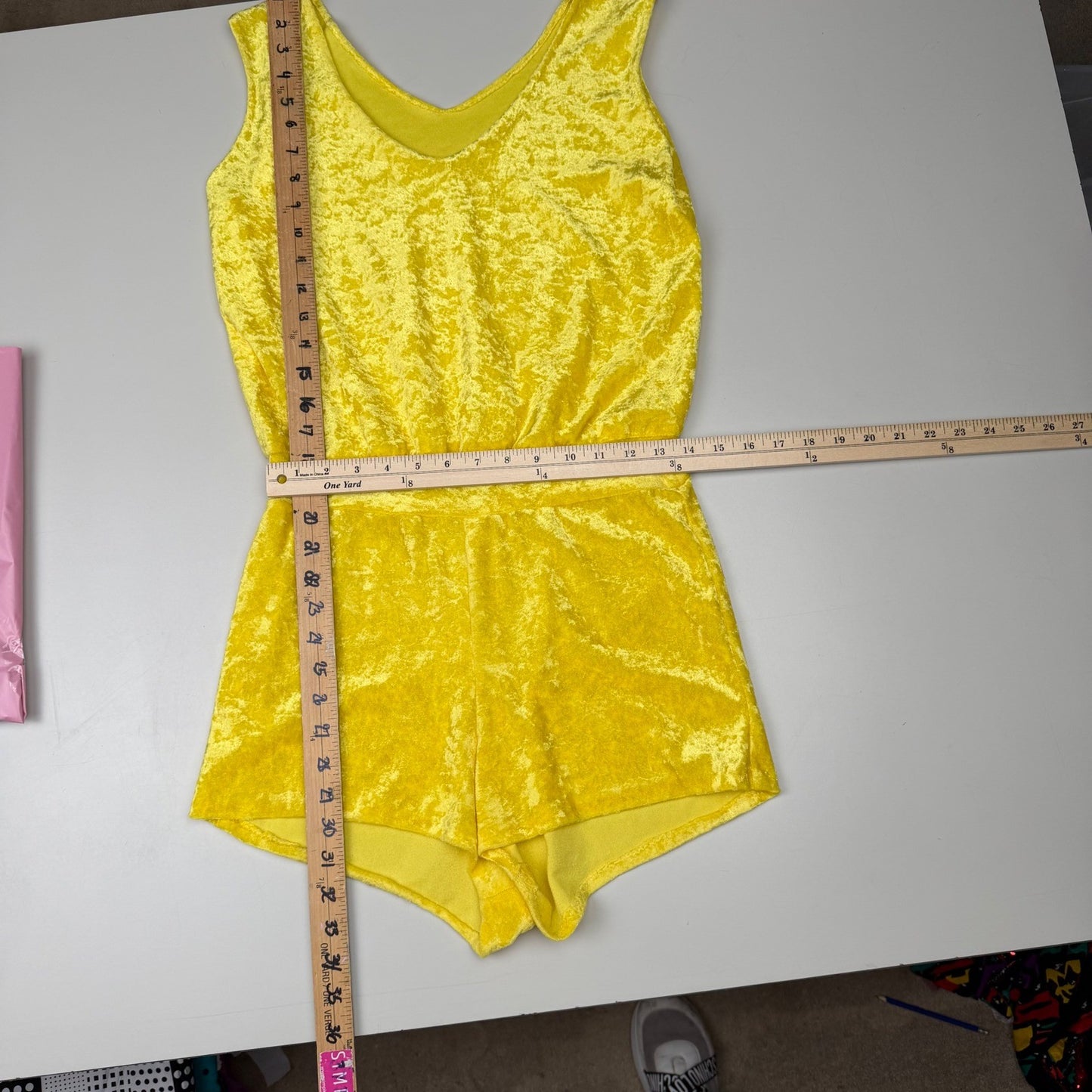 Vintage handmade Yellow 80's Romper Crushed Velvet Sleeveless V-Neck Retro Sz S