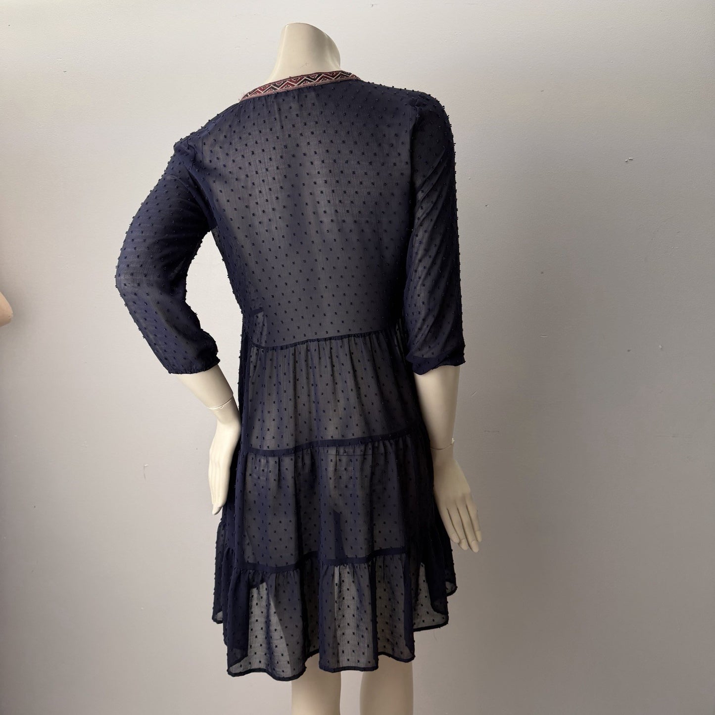 Daniel Rainn Navy Swiss Dot Tiered Dress Boho Embroidered XSmall Coquettecore