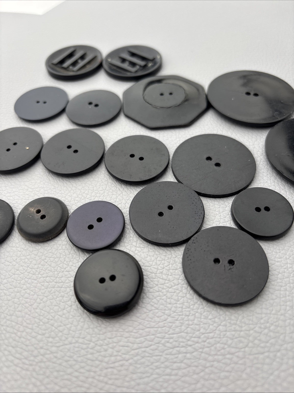 Vintage 1940s Black Bakelite Plastic Buttons Lot of 18 Carved Geometric Designs