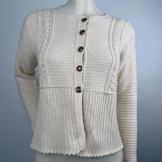 Vintage Handmade Knit Cardigan Ivory Gold Filigree Buttons Ribbed Cottagecore M