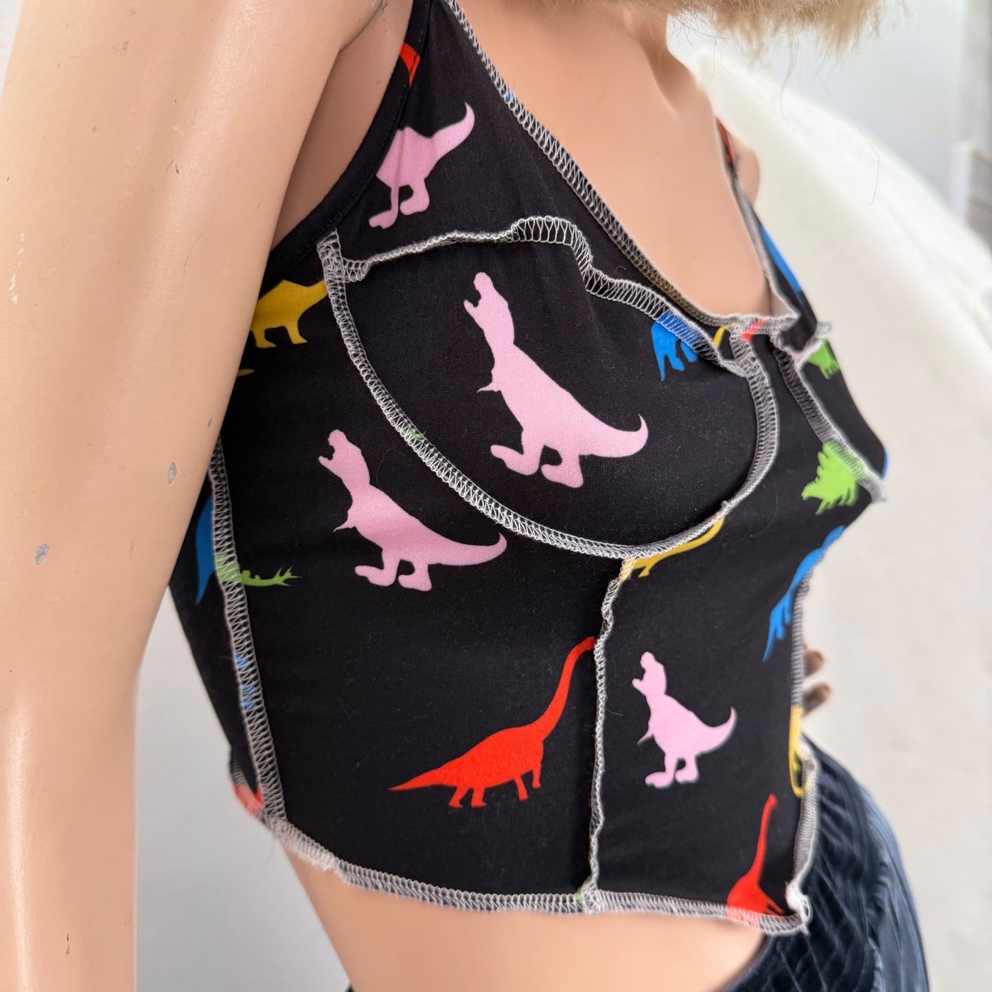 SHEIN Womens Dinosaur Print Black Corset Crop Top Cami Spaghetti Straps Small