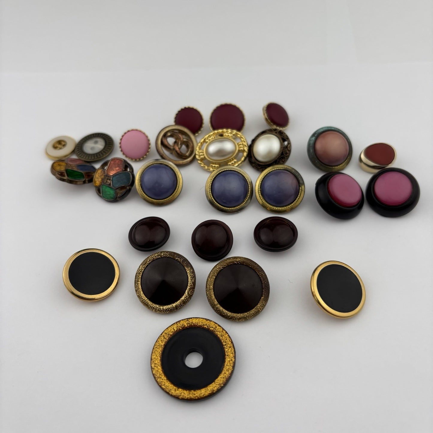 Vintage Jewel-Tone Button Lot – Enamel, Faux Pearl & Gemstone Styles, 25pcs