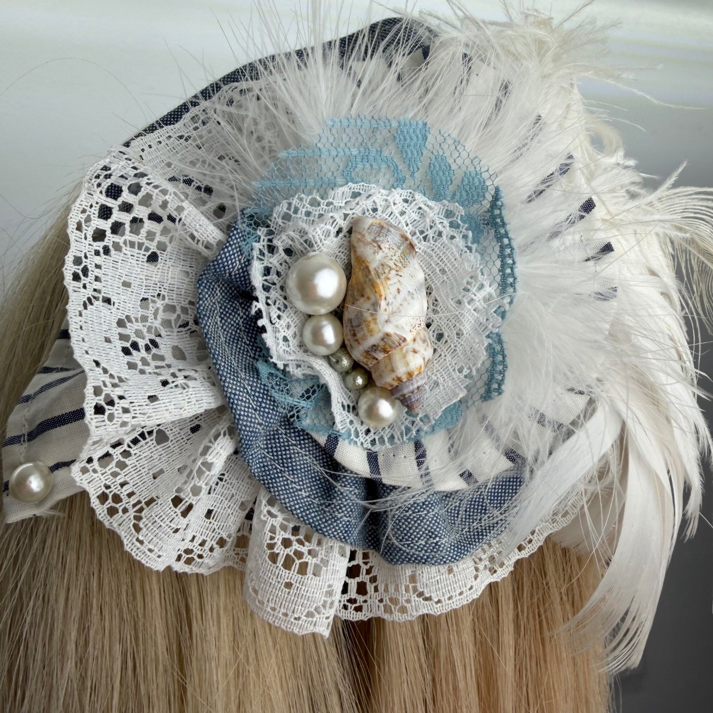 Handmade Nautical Fascinator Headband Seashell Pearl Lace Mermaidcore Blue OS