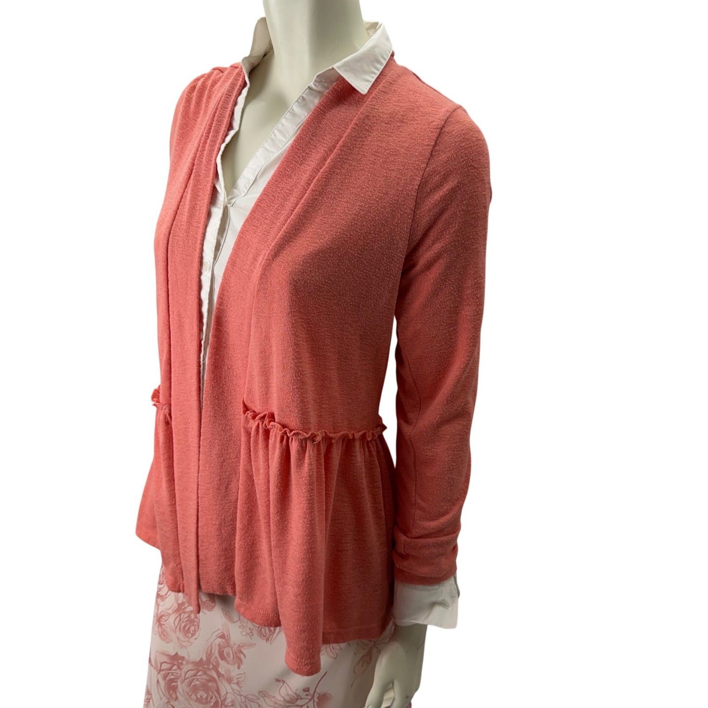 Bobeau Coral Pink Peplum Cardigan Ruffle Waist Shabby Chic Pastel Womens Large