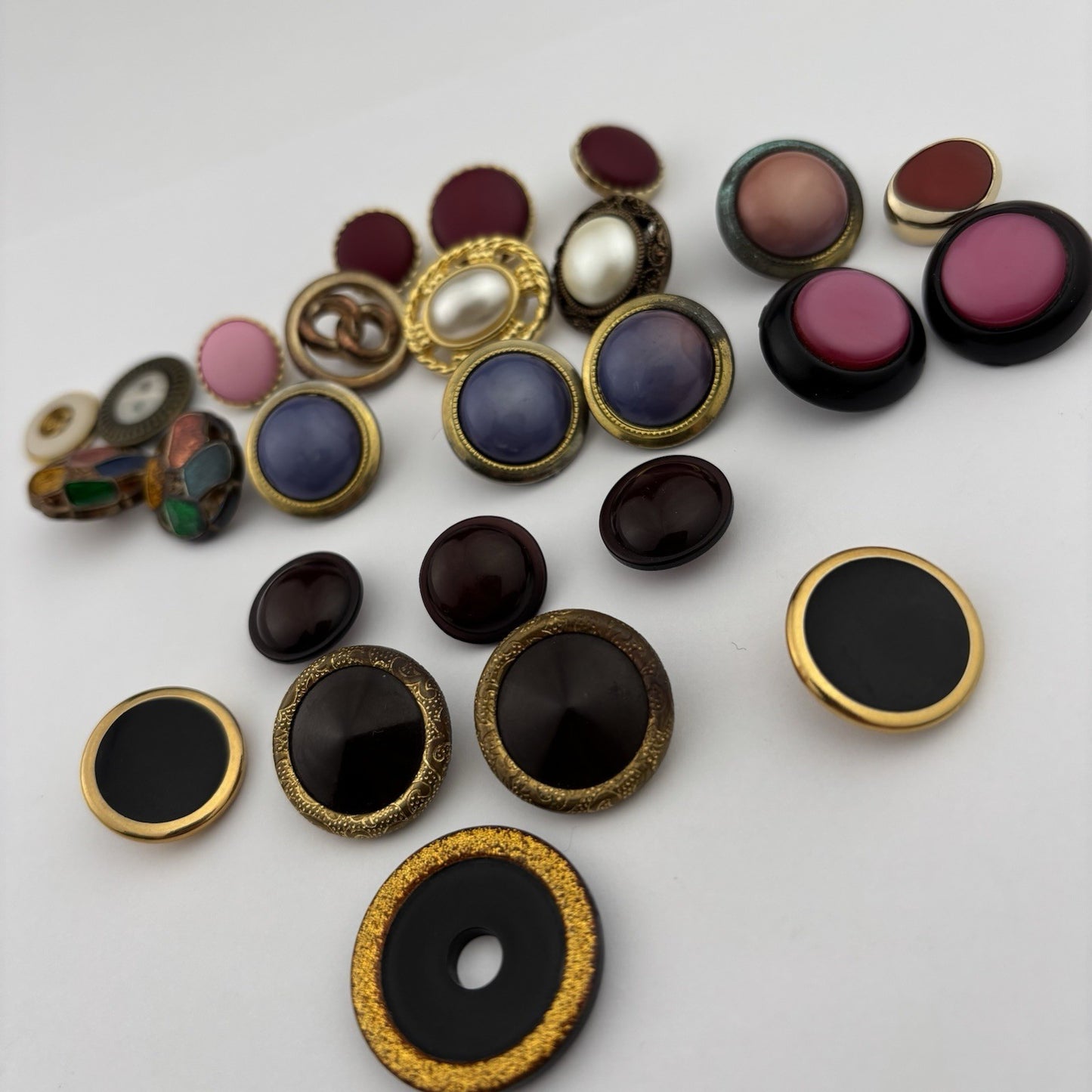 Vintage Jewel-Tone Button Lot – Enamel, Faux Pearl & Gemstone Styles, 25pcs