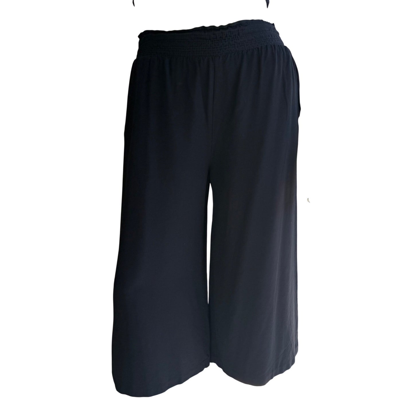 Vintage Wide Leg Pants Black Rayon Smocked High Waist Cropped Culottes Large
