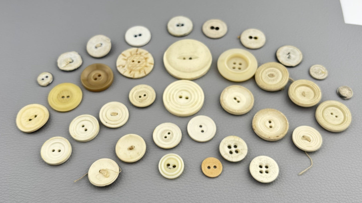 Antique Casein + Fabric Buttons Lot – Natural Ivory Beige Mix ~35pcs Early 1900s