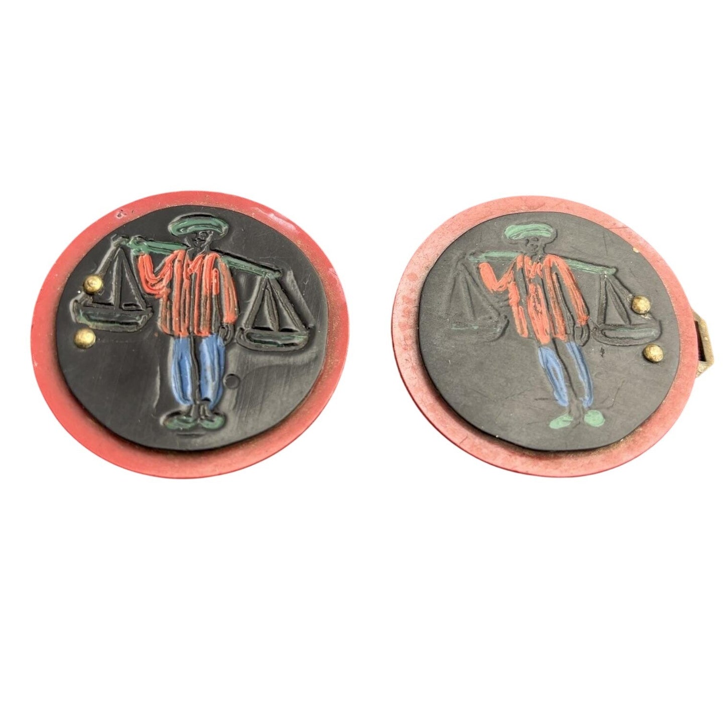 Rare 1930s Hand-Painted Bakelite & Brass Buttons — Oriental Market Scene, Red