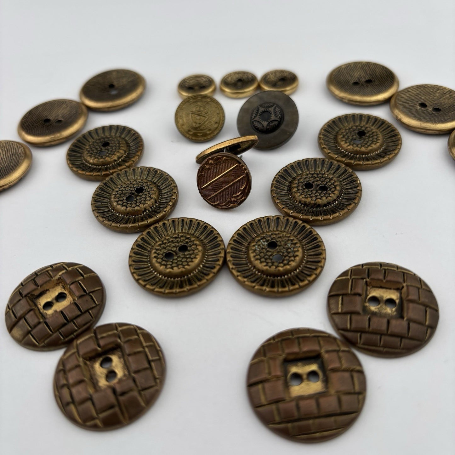 Vintage Brass Button Lot – Etched, Textured & Crest Designs in Bronze Tones, 24