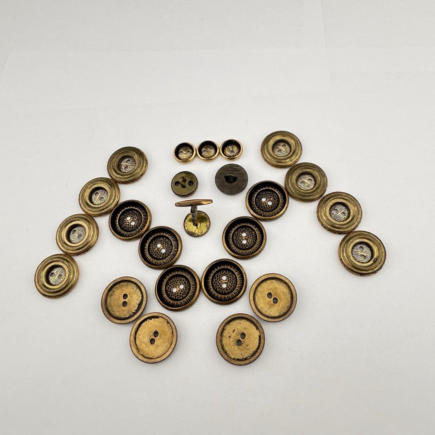 Vintage Brass Button Lot – Etched, Textured & Crest Designs in Bronze Tones, 24
