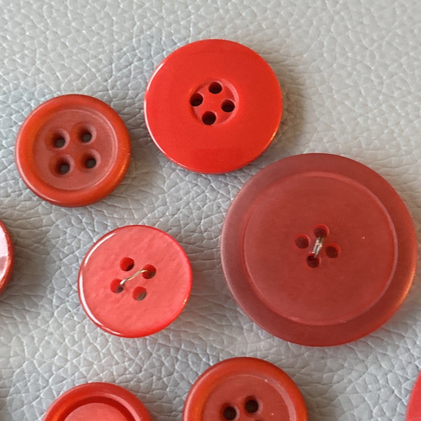 Vintage Red Four Hole Button Lot Made Of Early Plastic 3 Large,  Small + Medium