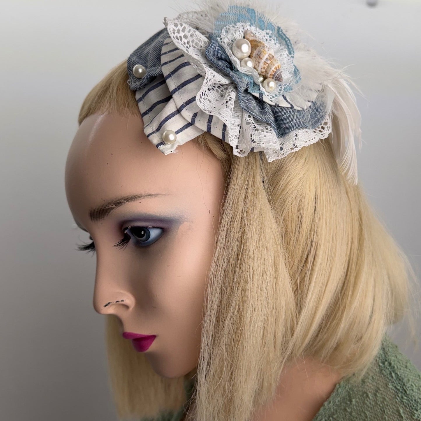 Handmade Nautical Fascinator Headband Seashell Pearl Lace Mermaidcore Blue OS