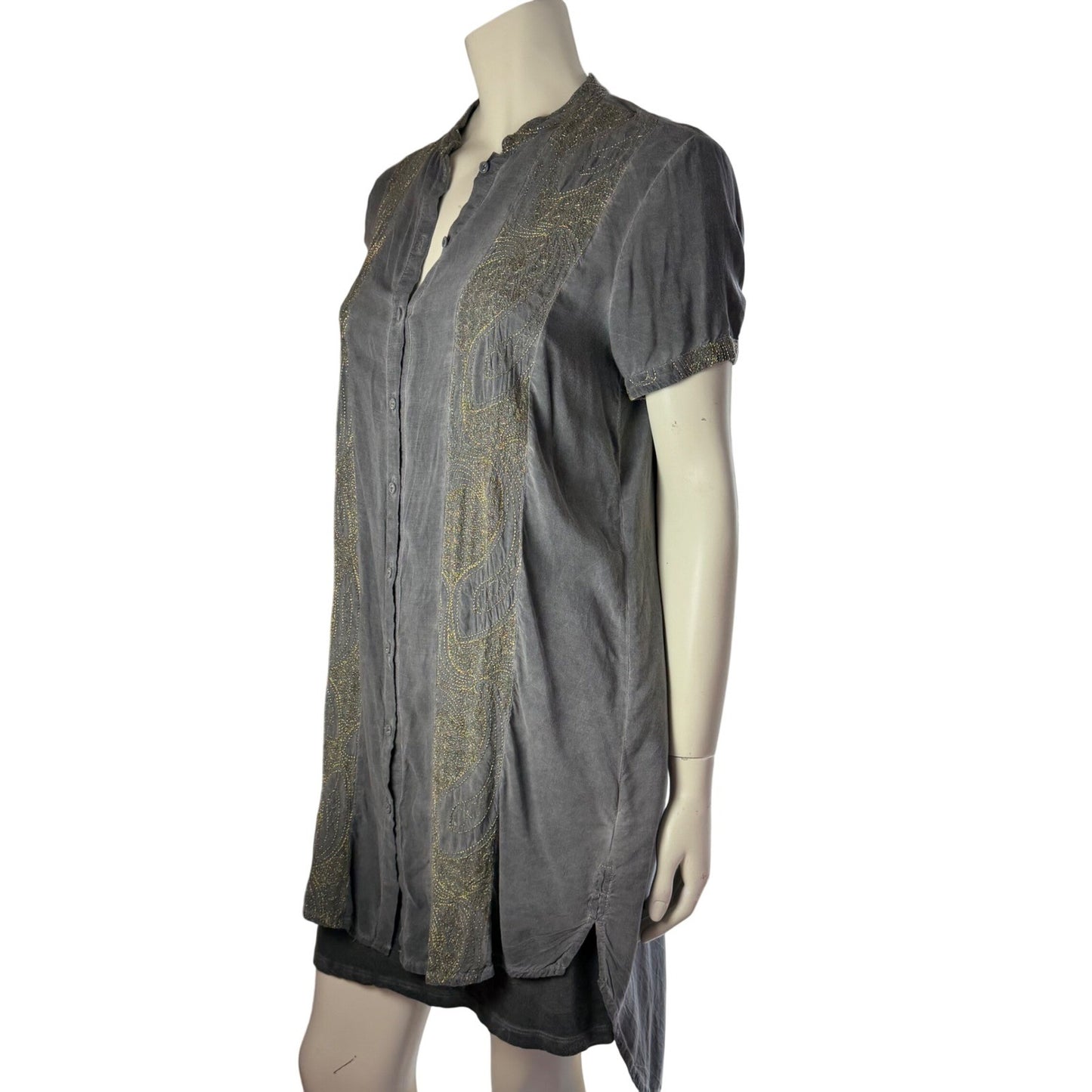 Black Swan Tunic Dress Embroidered Button Front Boho Whimsigoth Grey Gold Large