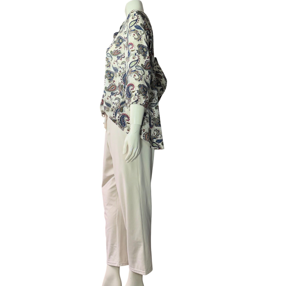 Cozy Neutral Capsule Outfit Paisley Blouse Old Navy Sweater Capri Pants  Bag