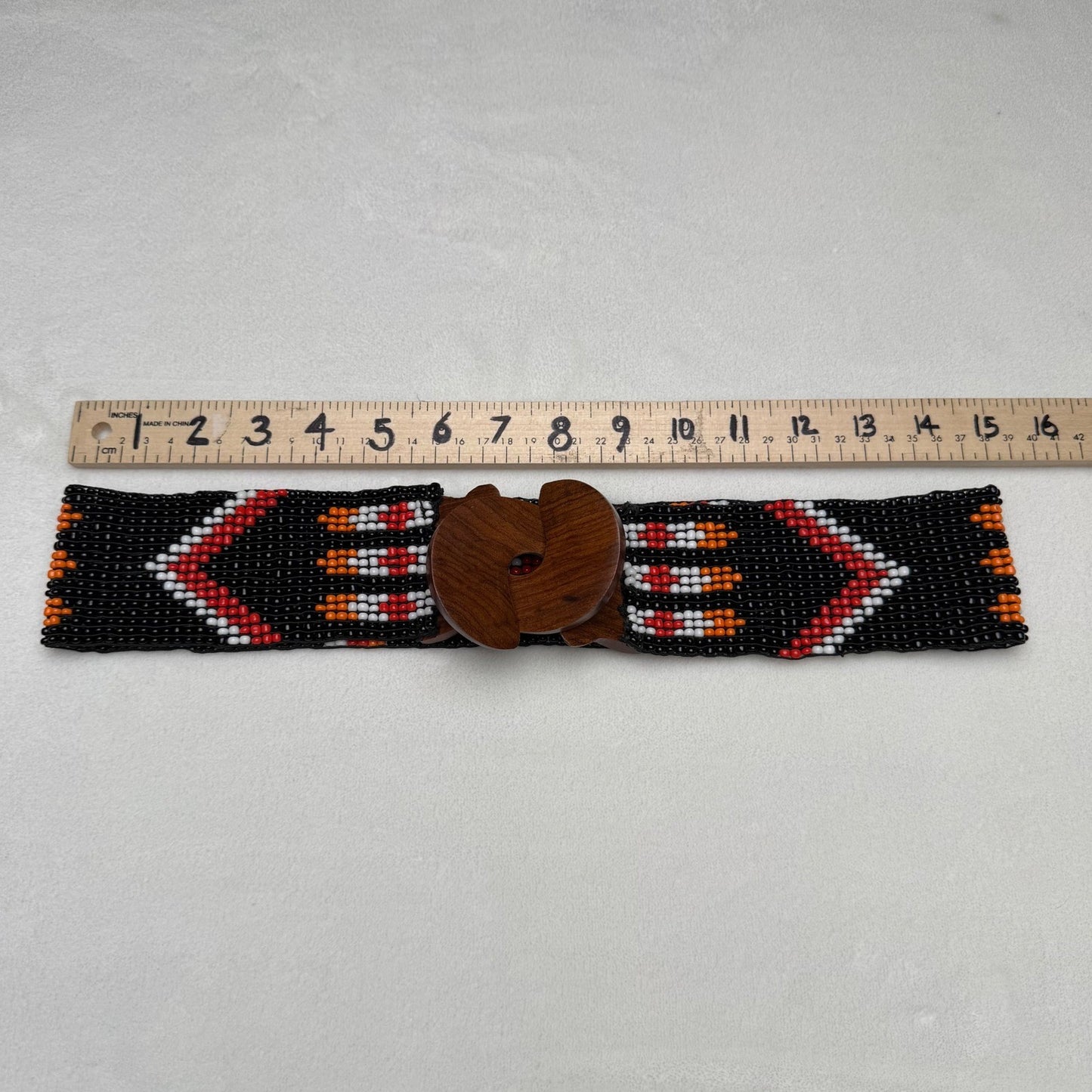Vintage Beaded Belt Geometric Wood Hook Buckle Boho Southwestern Black OS