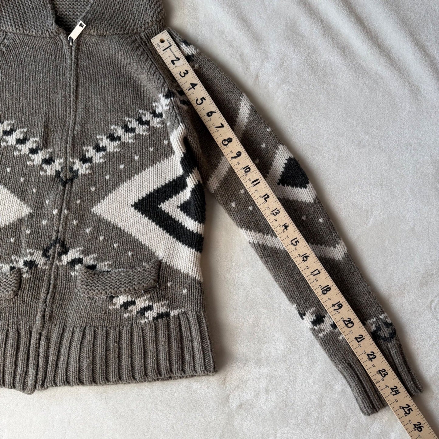 Kismet Zip Up Hooded Cardigan Wool Blend Geometric Cabin Gorpcore Sweater Size M