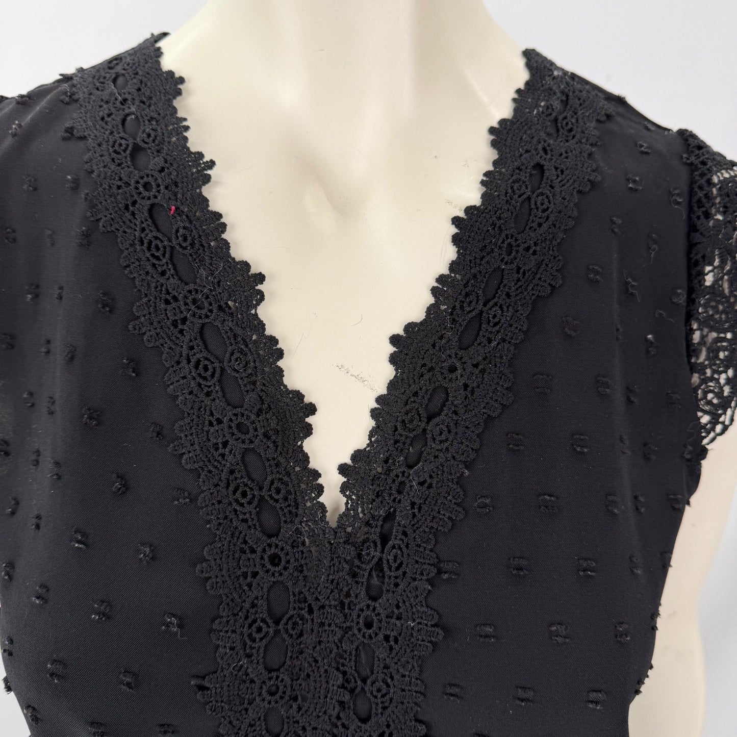 Women Black Sleeveless Blouse Swiss Dot Lace Trim Small Victorian Dark Academia