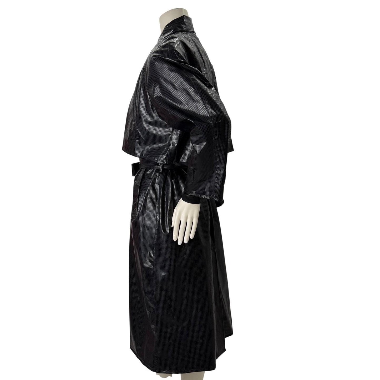DJI Vintage Vinyl Trench Coat Black Glossy Grid Witchy Matrix Edgy M
