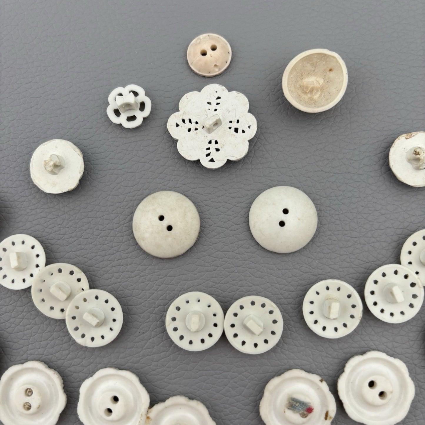 Vintage Carved Early Plastic Buttons – Antique White Floral & Pierced Mix 50 Lot