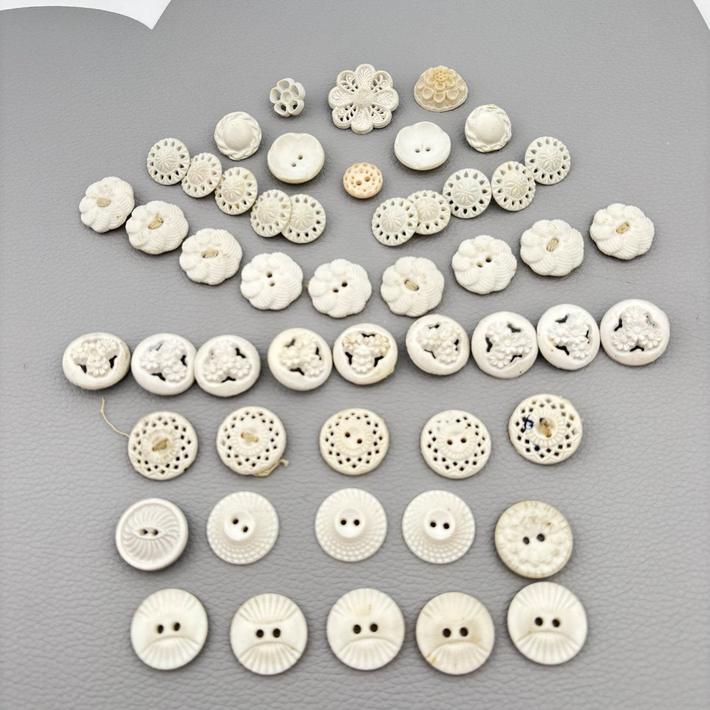 Vintage Carved Early Plastic Buttons – Antique White Floral & Pierced Mix 50 Lot