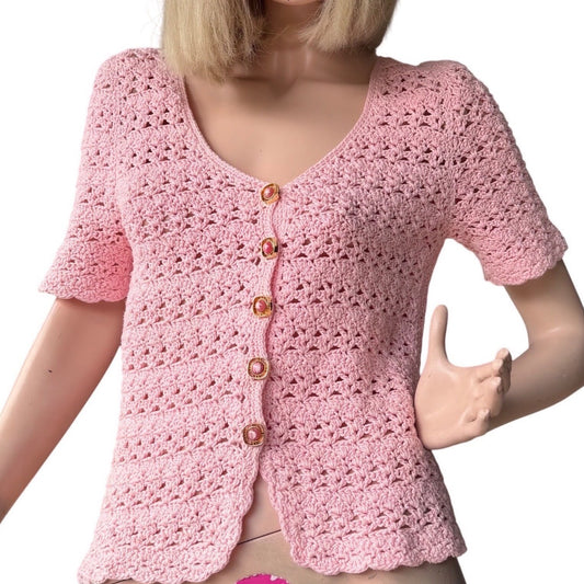 Vintage Crotchet Handmade Pink Crochet Cardigan Barbiecore Cottagecore Sz Small