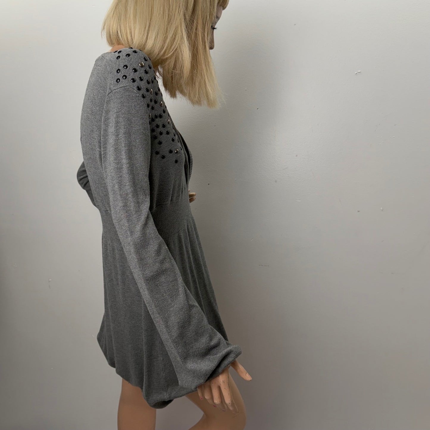 Danny Be Grey Studded Tunic Dress Balloon Sleeve Empire Waist Y2K Indie Sleeze