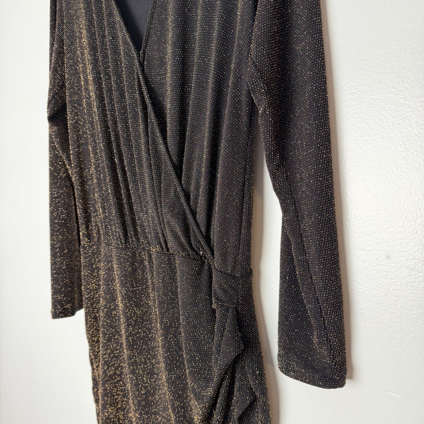 Dynamite Gold Shimmer Black Dress Ruched Long Sleeve Y2K Goth Indie Sleaze M