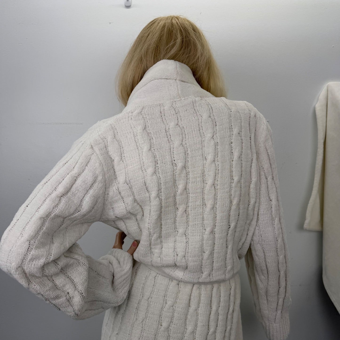 Vintage Cable Knit Robe Cream Loungewear Shawl Collar 80's  Womens Medium