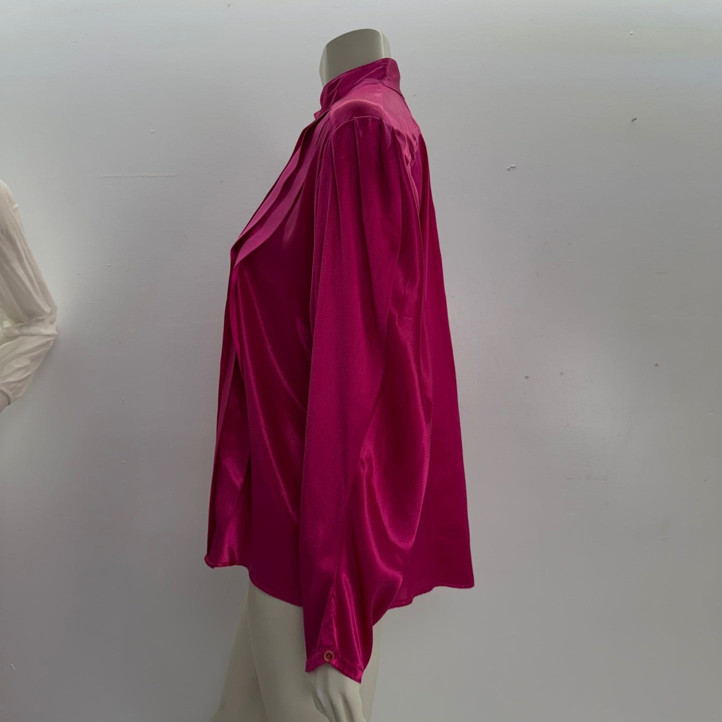 Vintage Esprit Fuchsia Pink Satin Pintuck Pleated Mandarin Collar Blouse 80s 90s