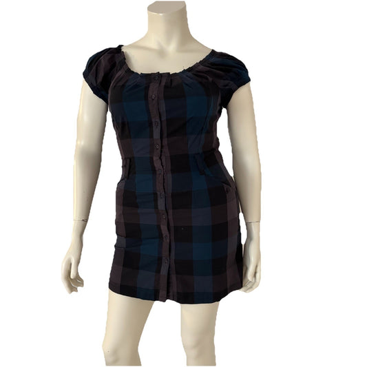 Womens Plaid Button Front Dress Puff Sleeve Heritage Plaid Grungecore Large