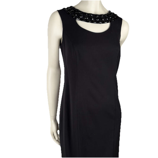 Tribal Black Stretch Sheath Dress 6 | Embellished Neckline | Classic LBD