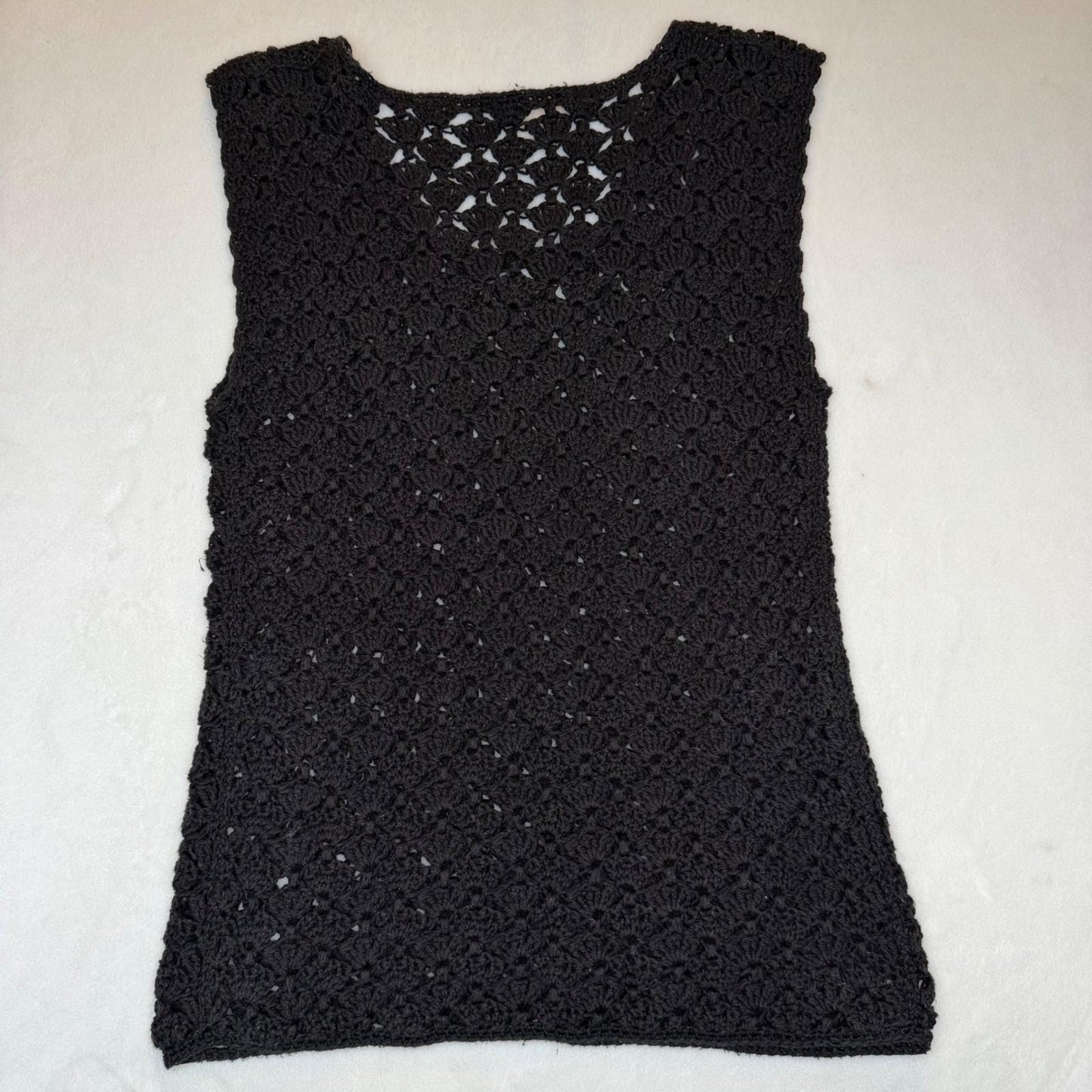 Vintage Crochet Tank Top Black Open Knit Shell Stitch Boho Parisian Chic Small