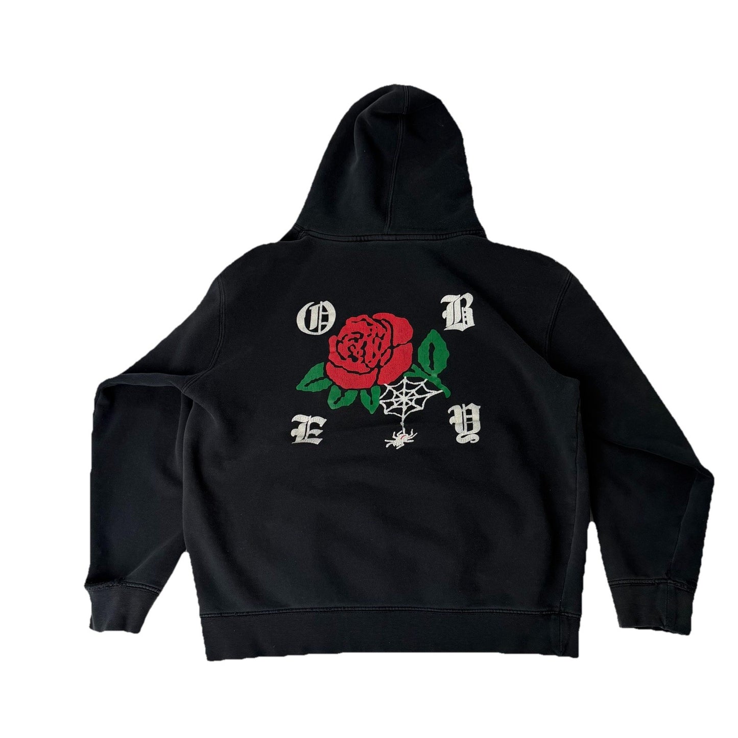 Womens Black Obey Hoodie Size Medium  Rose Spider Print Thrashed Very Worn In